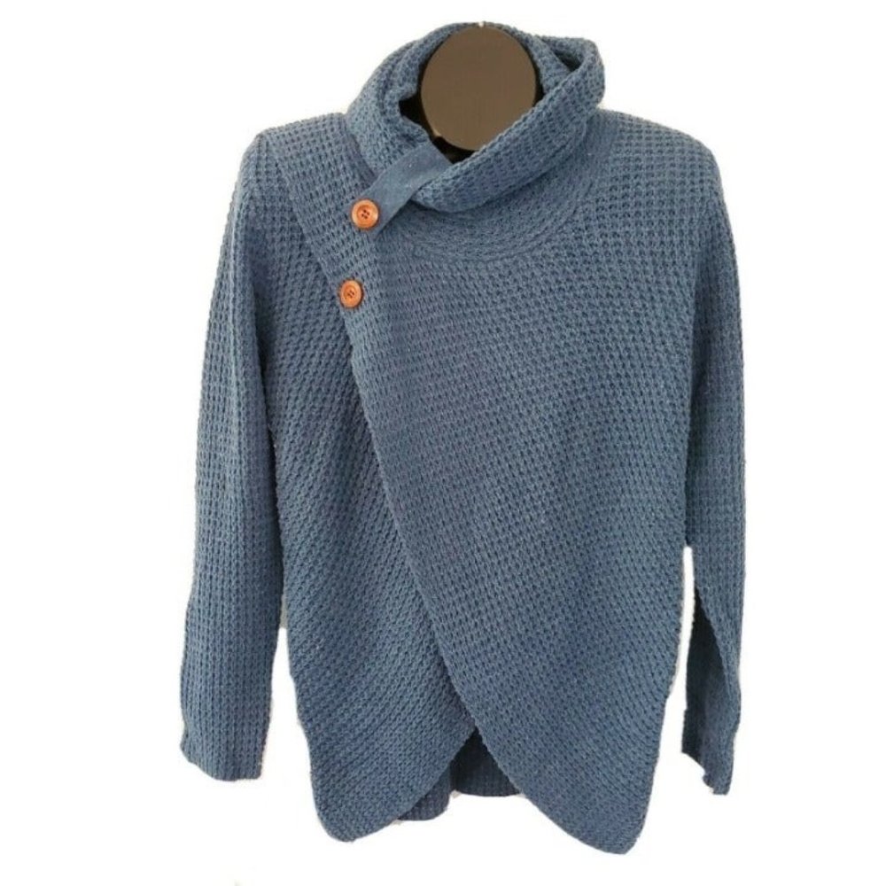 Kidsform Women's Chunky Turtle Cowl Neck Button Sweater Asymmetric Size L Teal